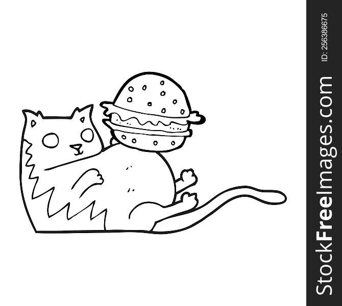 Black And White Cartoon Fat Cat With Burger