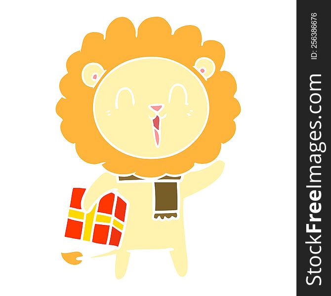 Laughing Lion Flat Color Style Cartoon With Christmas Present