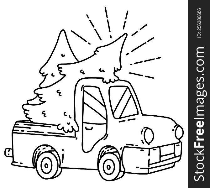 illustration of a traditional black line work tattoo style truck carrying trees