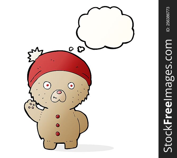 cartoon waving teddy bear in winter hat with thought bubble
