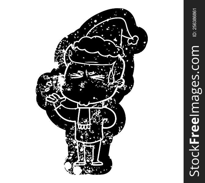 quirky cartoon distressed icon of a man sweating wearing santa hat