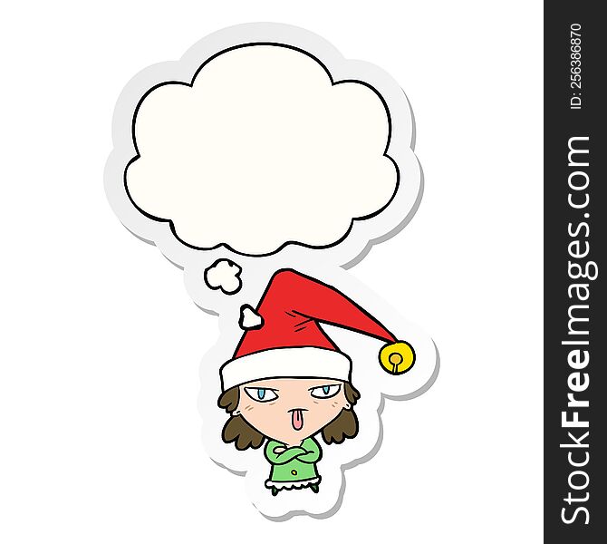 cartoon girl wearing christmas hat with thought bubble as a printed sticker