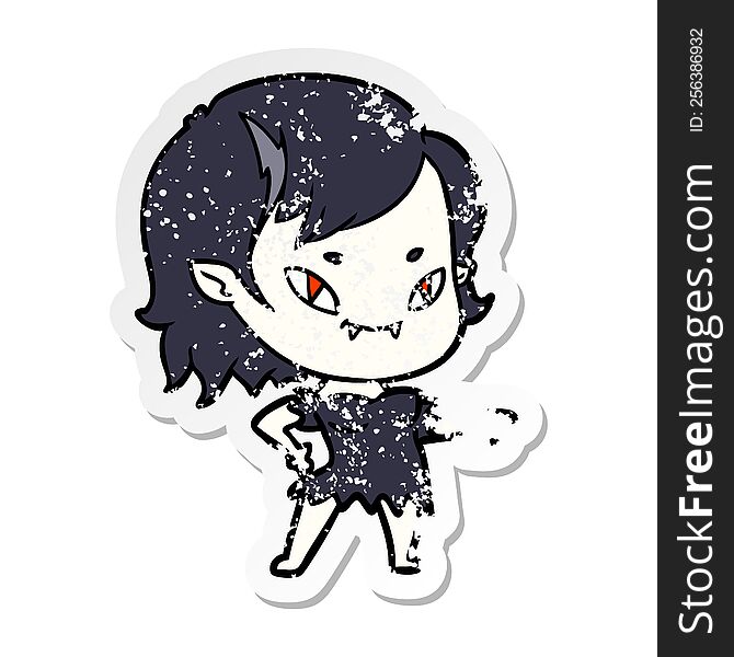 Distressed Sticker Of A Cartoon Friendly Vampire Girl Pointing