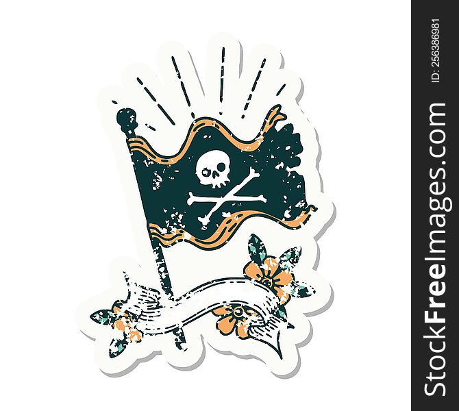 Grunge Sticker Of Tattoo Style Waving Pirate Flag