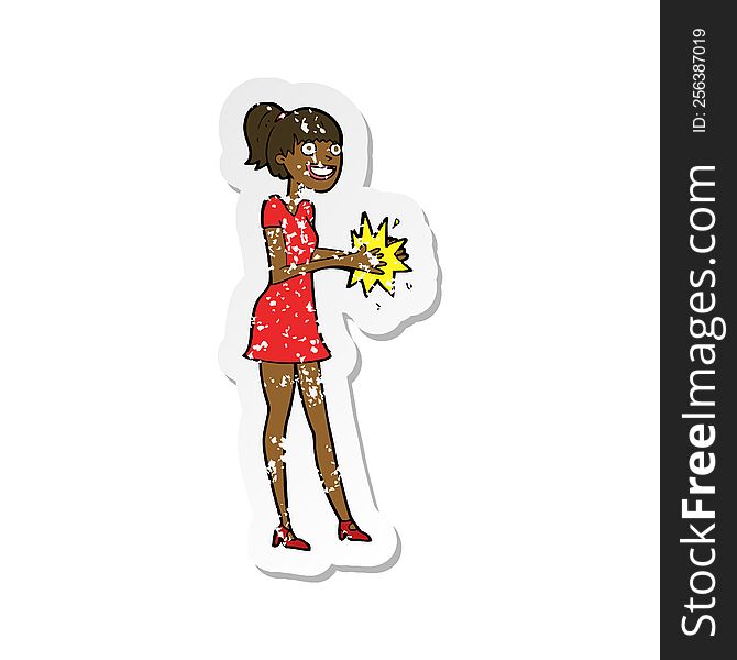 Retro Distressed Sticker Of A Cartoon Woman Clapping Hands