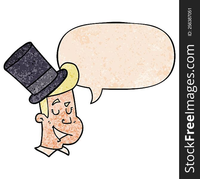 Cartoon Man Wearing Top Hat And Speech Bubble In Retro Texture Style
