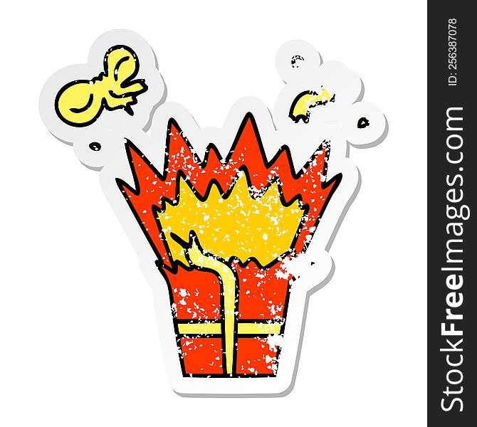distressed sticker of a quirky hand drawn cartoon of an explosive present