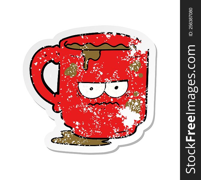 distressed sticker of a cartoon dirty office mug
