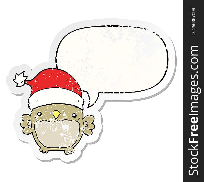 cute christmas owl with speech bubble distressed distressed old sticker. cute christmas owl with speech bubble distressed distressed old sticker