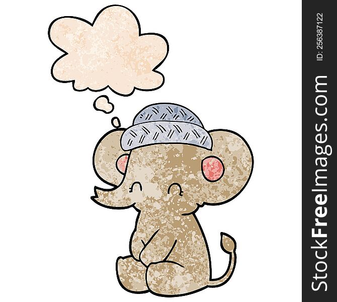 Cartoon Cute Elephant And Thought Bubble In Grunge Texture Pattern Style