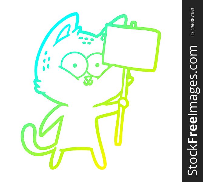 Cold Gradient Line Drawing Cartoon Cat With Placard
