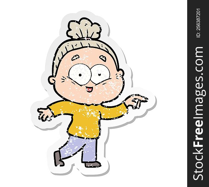 distressed sticker of a cartoon happy old woman