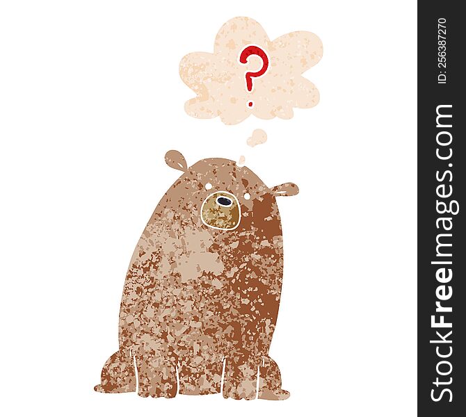 Cartoon Curious Bear And Thought Bubble In Retro Textured Style