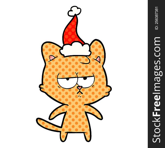 bored hand drawn comic book style illustration of a cat wearing santa hat. bored hand drawn comic book style illustration of a cat wearing santa hat