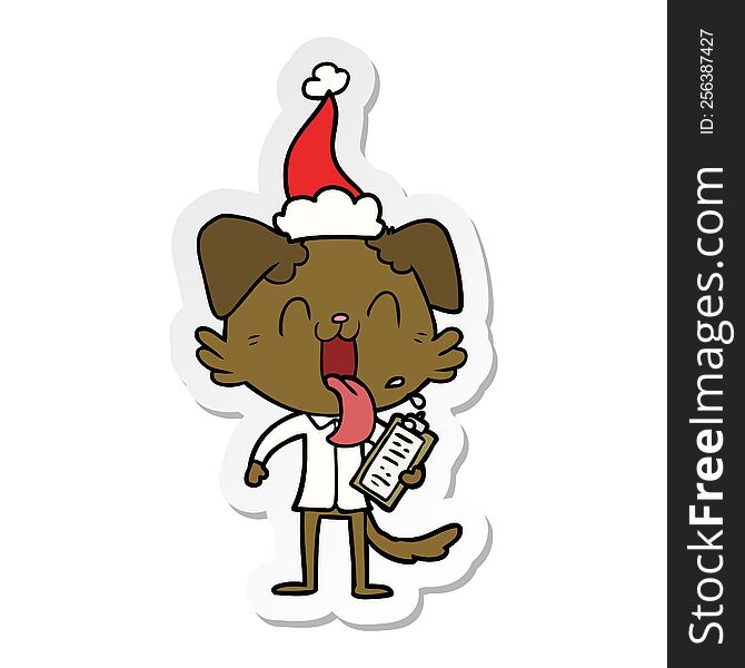 hand drawn sticker cartoon of a panting dog with clipboard wearing santa hat