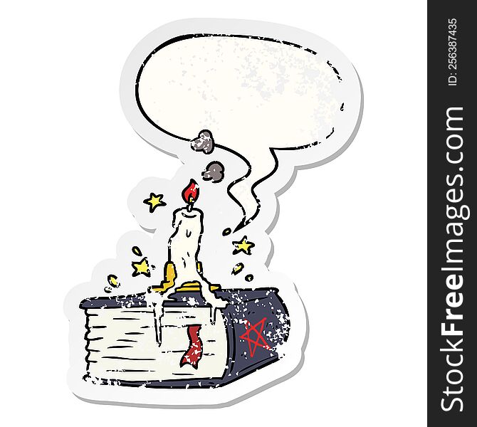 cartoon spooky spellbook with dribbling candle with speech bubble distressed distressed old sticker. cartoon spooky spellbook with dribbling candle with speech bubble distressed distressed old sticker