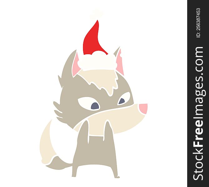 shy hand drawn flat color illustration of a wolf wearing santa hat. shy hand drawn flat color illustration of a wolf wearing santa hat