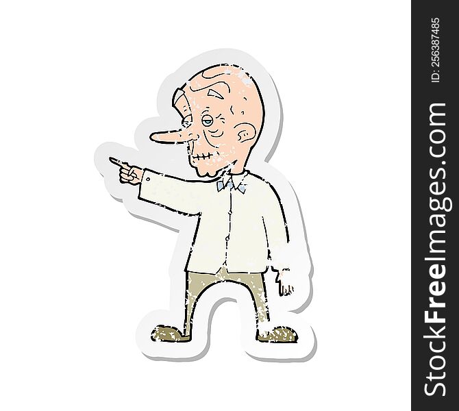 Retro Distressed Sticker Of A Cartoon Old Man Pointing