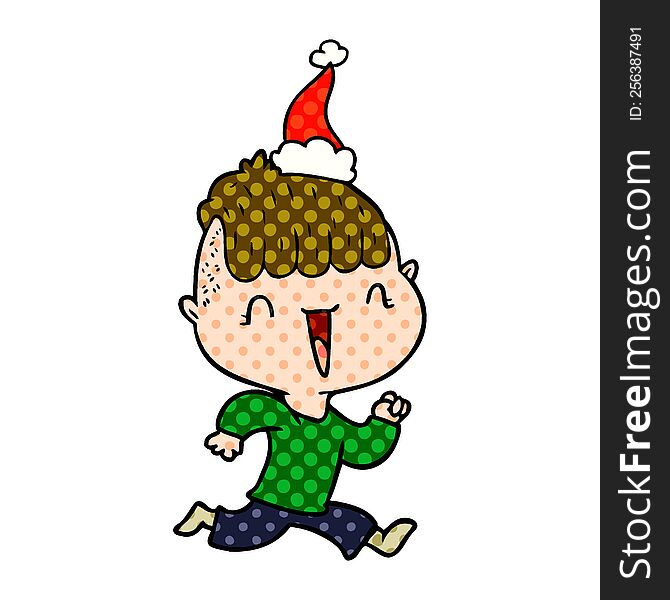 hand drawn comic book style illustration of a happy boy surprised wearing santa hat
