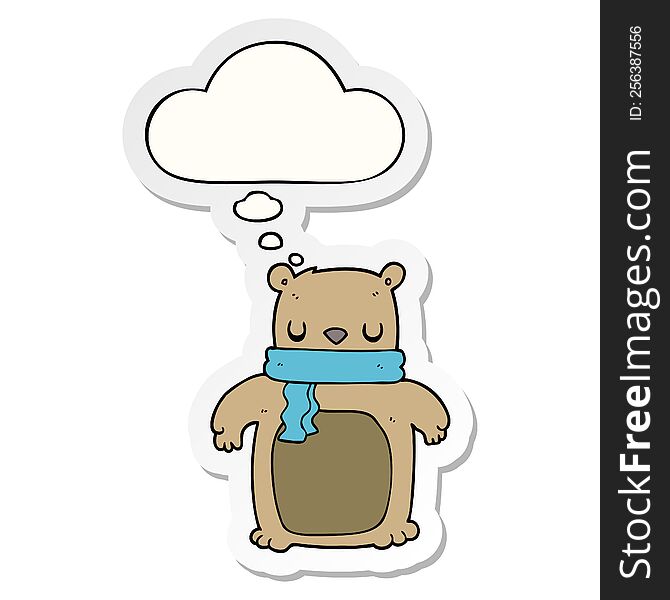 Cartoon Bear With Scarf And Thought Bubble As A Printed Sticker