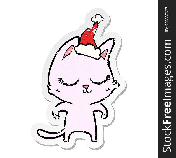 Calm Distressed Sticker Cartoon Of A Cat Wearing Santa Hat