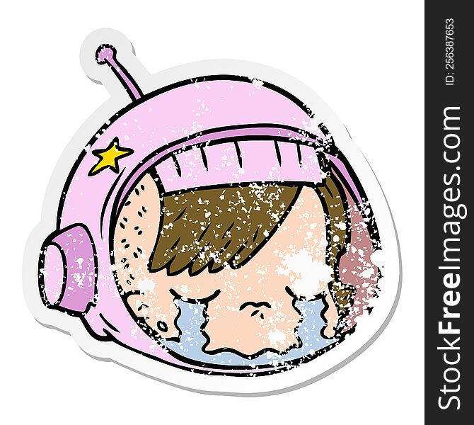 Distressed Sticker Of A Cartoon Astronaut Face Crying