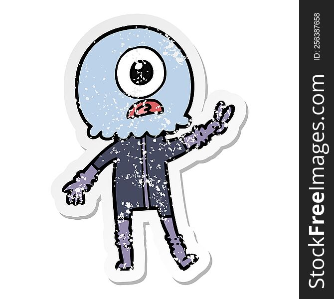 Distressed Sticker Of A Cartoon Cyclops Alien Spaceman Giving Peace Sign