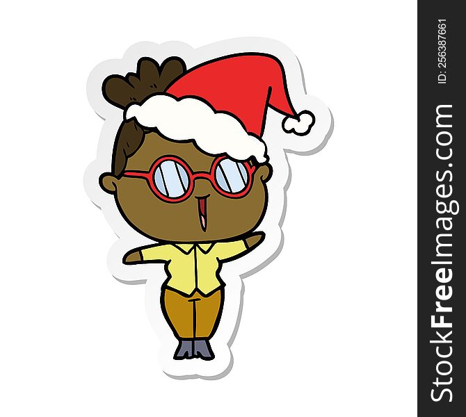 hand drawn sticker cartoon of a woman wearing spectacles wearing santa hat