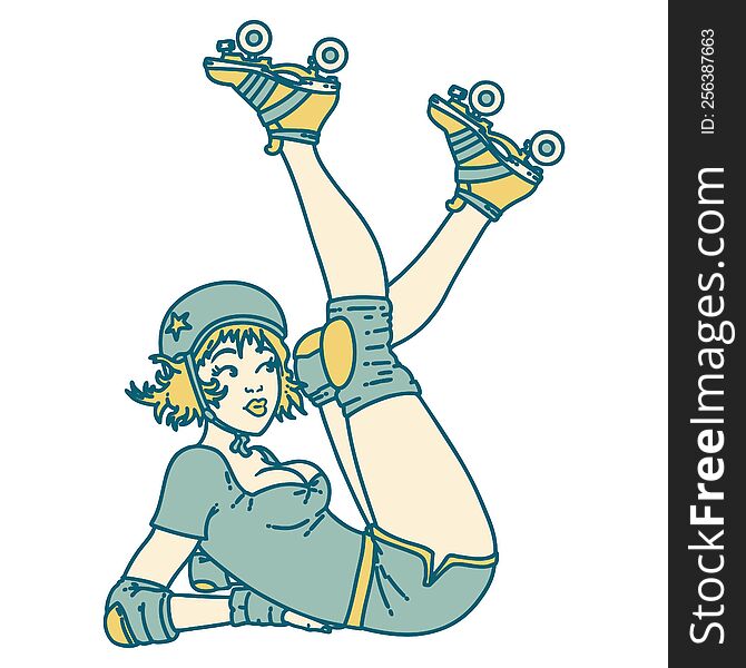 Tattoo Style Icon Of A Pinup Roller Derby Girl