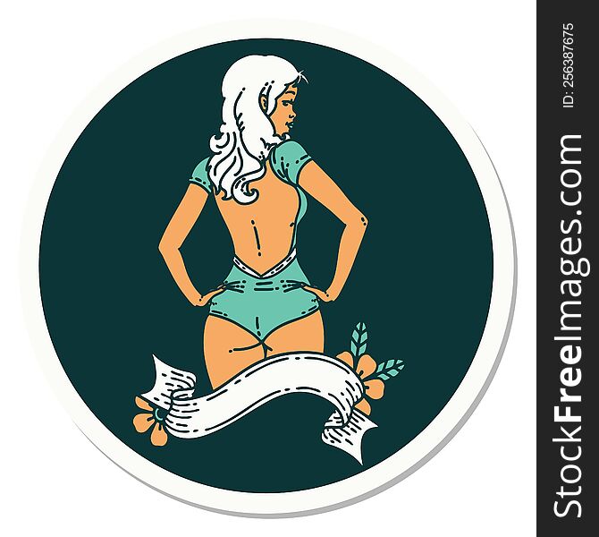 Tattoo Style Sticker Of A Pinup Swimsuit Girl With Banner