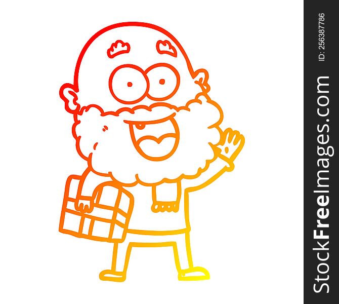 warm gradient line drawing of a cartoon crazy happy man with beard and gift under arm