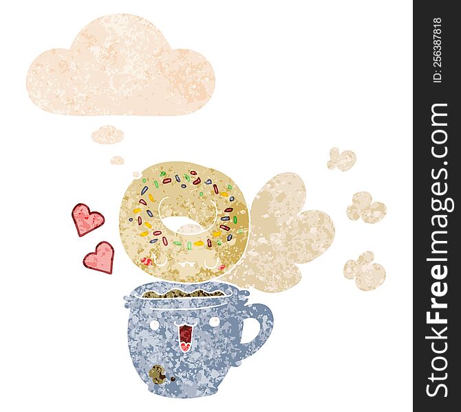 cute cartoon donut and coffee and thought bubble in retro textured style