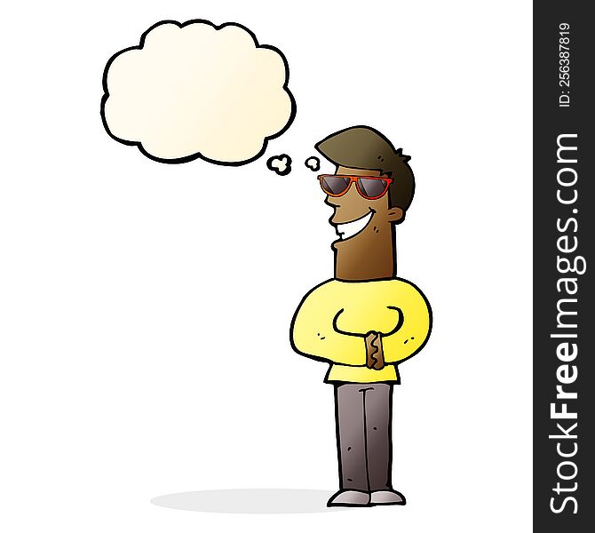 cartoon grinning man wearing sunglasses with thought bubble