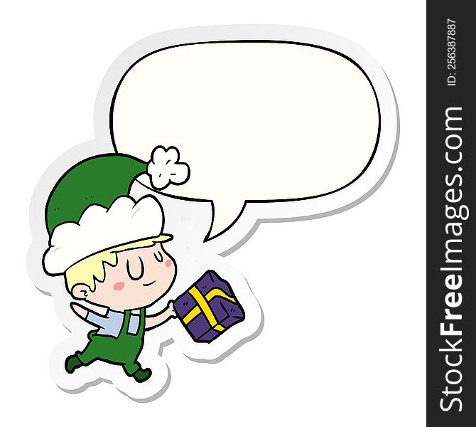 Cartoon Happy Christmas Elf And Present And Speech Bubble Sticker