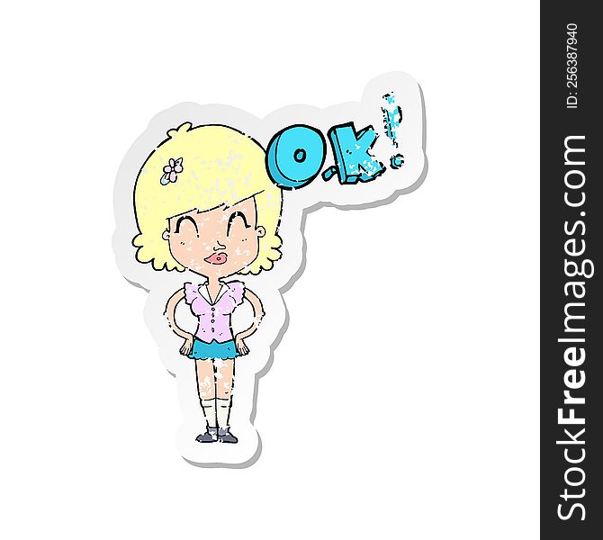 Retro Distressed Sticker Of A Cartoon Woman Thinking OK