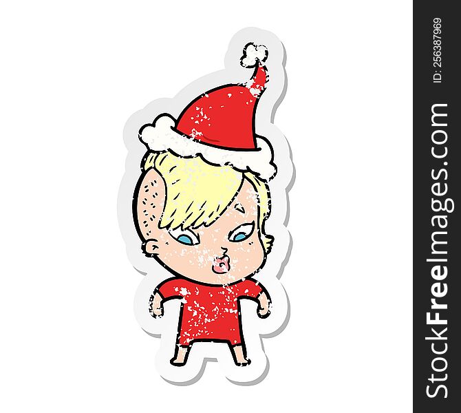 Distressed Sticker Cartoon Of A Surprised Girl Wearing Santa Hat