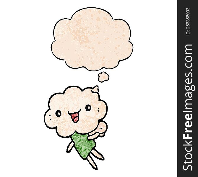 Cartoon Cloud Head Creature And Thought Bubble In Grunge Texture Pattern Style