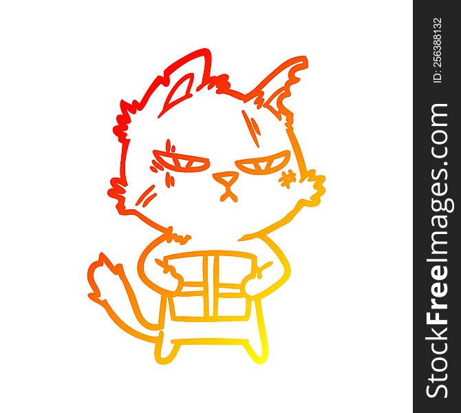 warm gradient line drawing of a tough cartoon cat with christmas present
