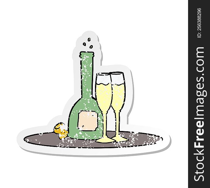 distressed sticker of a cartoon champagne on tray