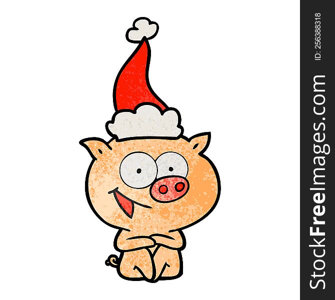 Cheerful Sitting Pig Textured Cartoon Of A Wearing Santa Hat