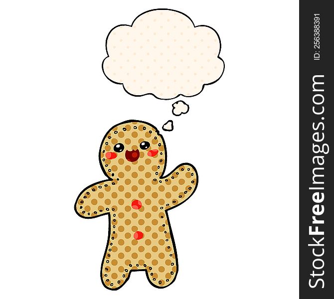 cartoon gingerbread man with thought bubble in comic book style