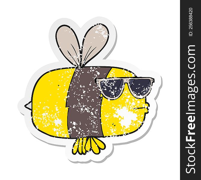 retro distressed sticker of a cartoon bee wearing sunglasses