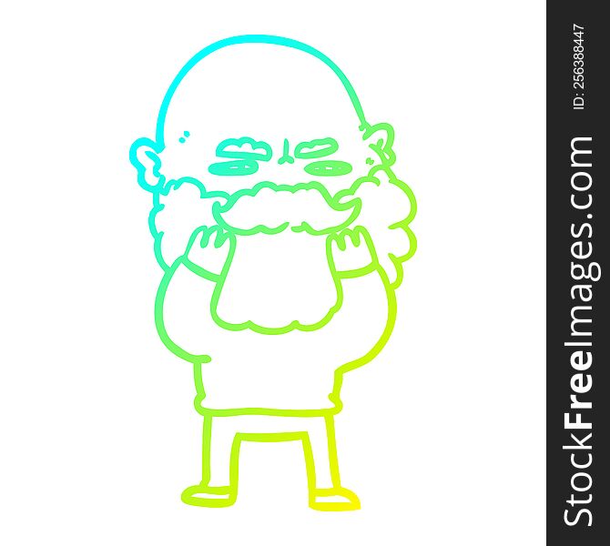 cold gradient line drawing cartoon man with beard frowning checking his beard