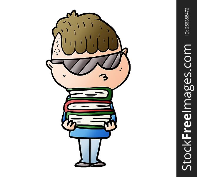 cartoon boy wearing sunglasses with stack of books. cartoon boy wearing sunglasses with stack of books