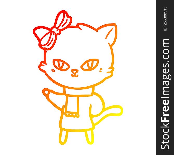 warm gradient line drawing of a cute cartoon cat in winter clothes