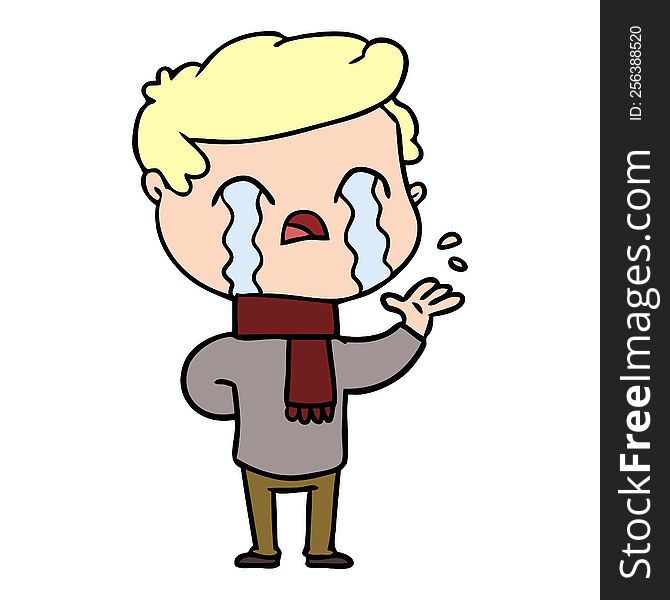 cartoon man crying wearing winter scarf. cartoon man crying wearing winter scarf