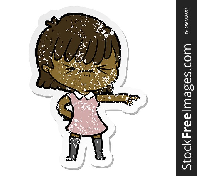 distressed sticker of a annoyed cartoon girl blaming