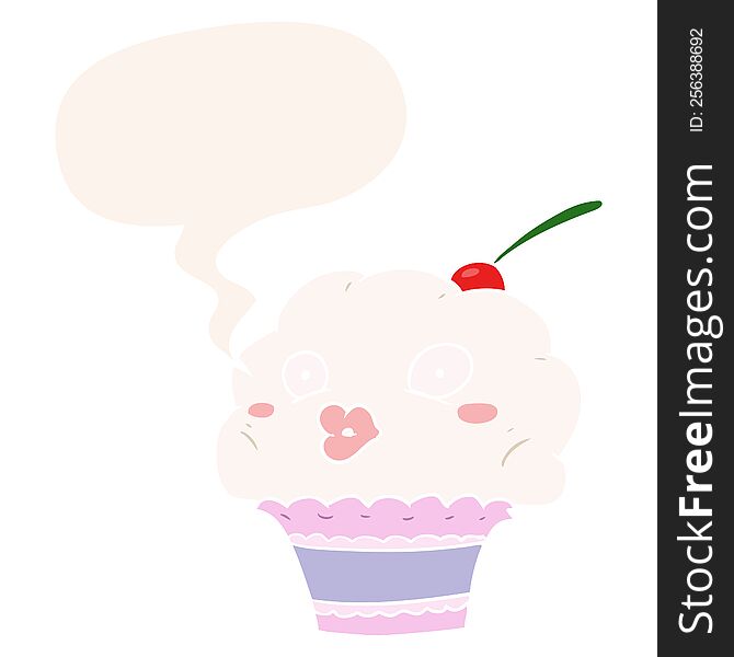Funny Cartoon Cupcake And Speech Bubble In Retro Style