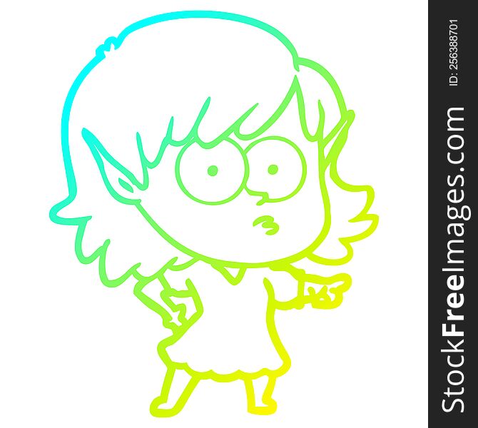 Cold Gradient Line Drawing Cartoon Elf Girl Staring