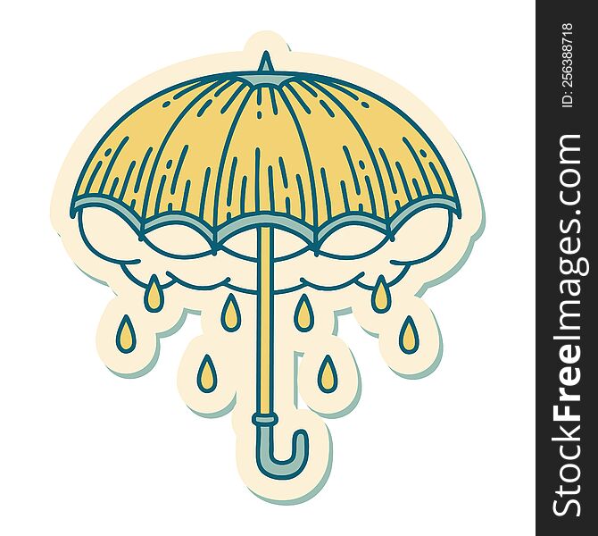 Tattoo Style Sticker Of An Umbrella And Storm Cloud